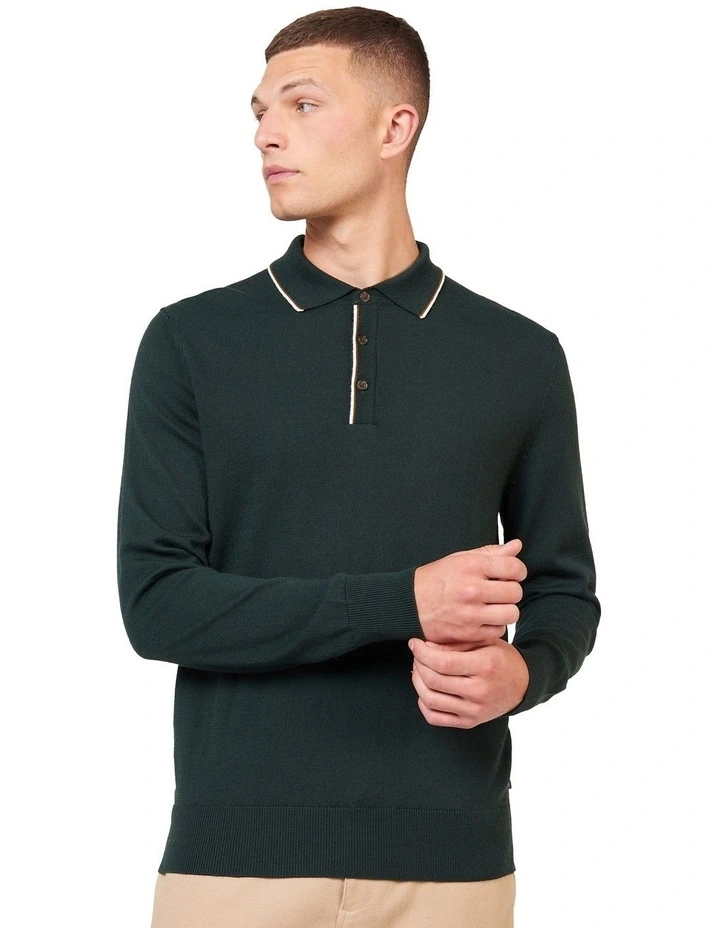 Tipped Merino Polo in Green