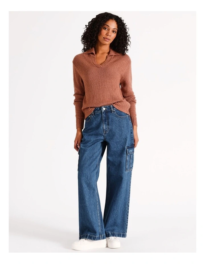 Organic Blend Wide Leg Cargo Jean in Mid Blue Wash