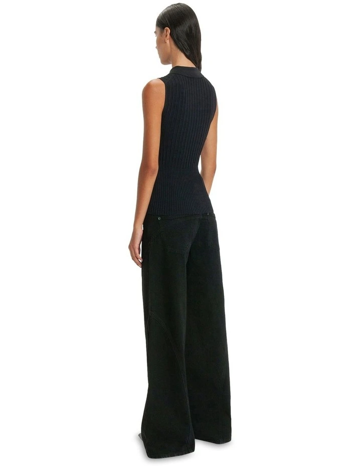 Multi Rib Sleeveless Polo Knit in Black