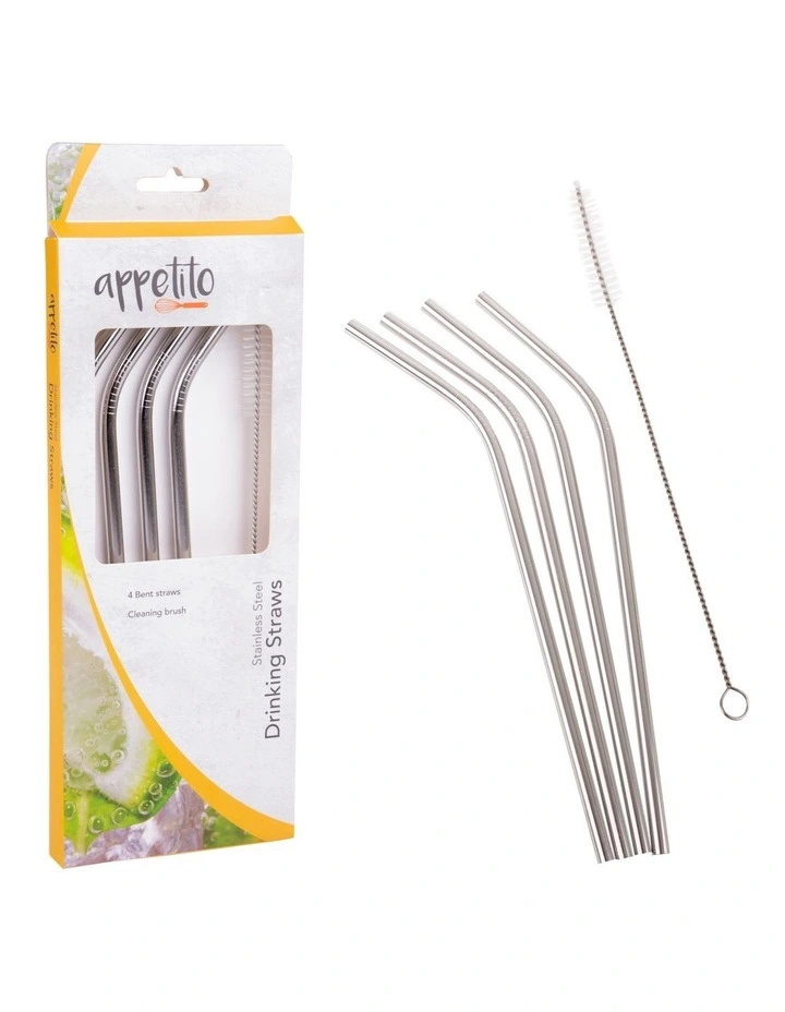 Stainless Steel Bent Drinking Straws Set 4 with Brush