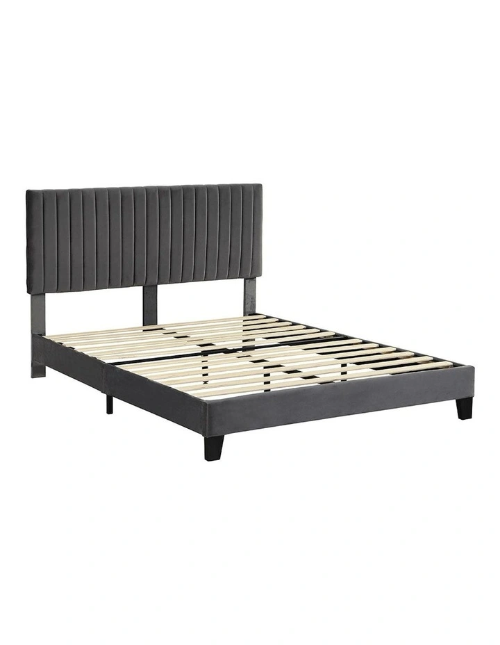 Velvet Headboard Mattress Base Platform Wooden Queen Size Bed Frame in Grey