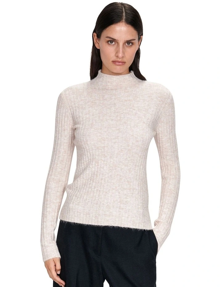 Fuzzy Funnel Neck Ribbed Knit in Cream