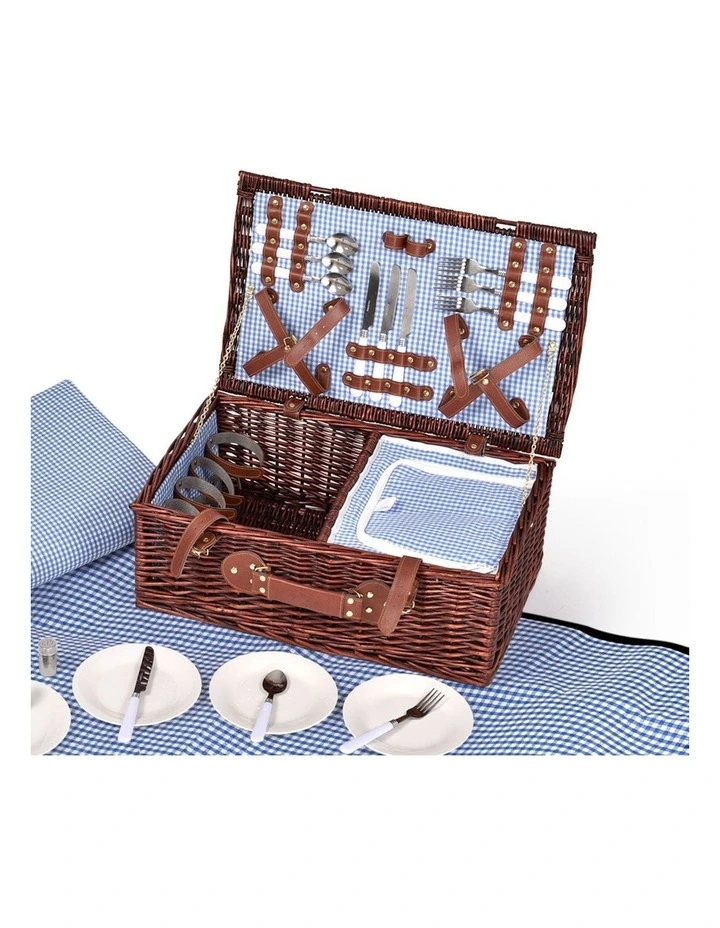 4 Person Outdoor Deluxe Willow Storage Carry Picnic Basket Set in Brown