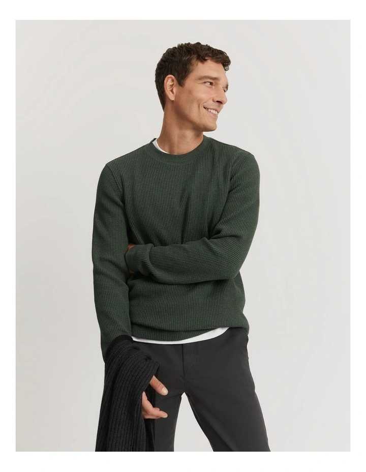 Australian Cotton Waffle Long Sleeve Crew Neck in Khaki Marle