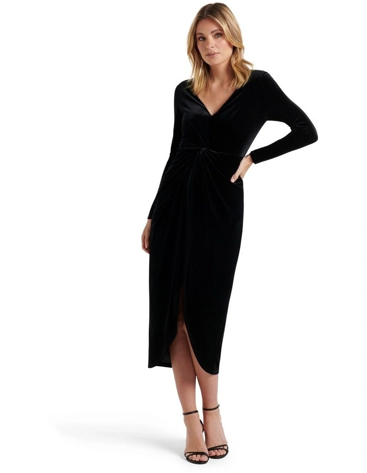 Sofia Velvet Twist Front Midi Dress in Black
