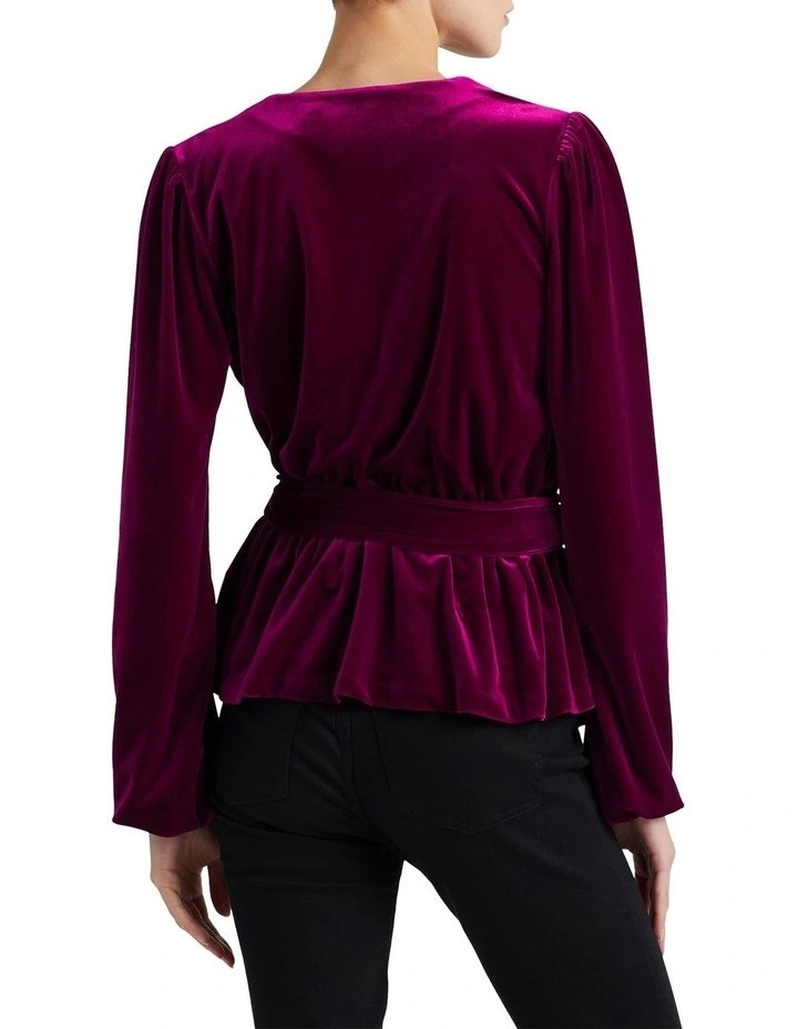 Velvet Belted Peplum Top in Purple