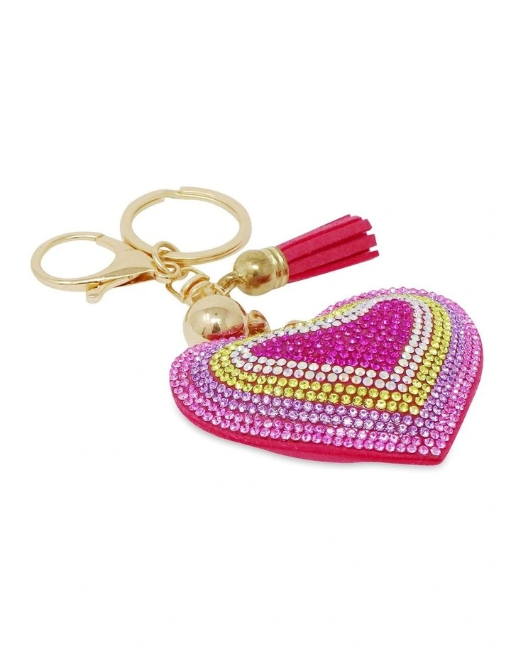 Rainbow Heart Jewelled Bag Charm in Pink