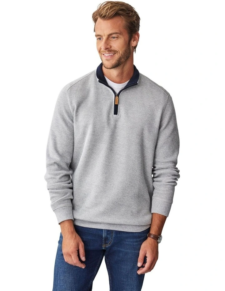 Half Zip French Rib Sweat Top in Grey Marle