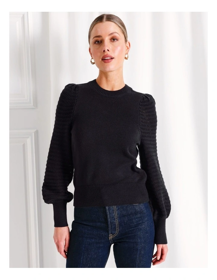 Organic Cotton Blend Sleeve Detail Knit Jumper in Navy