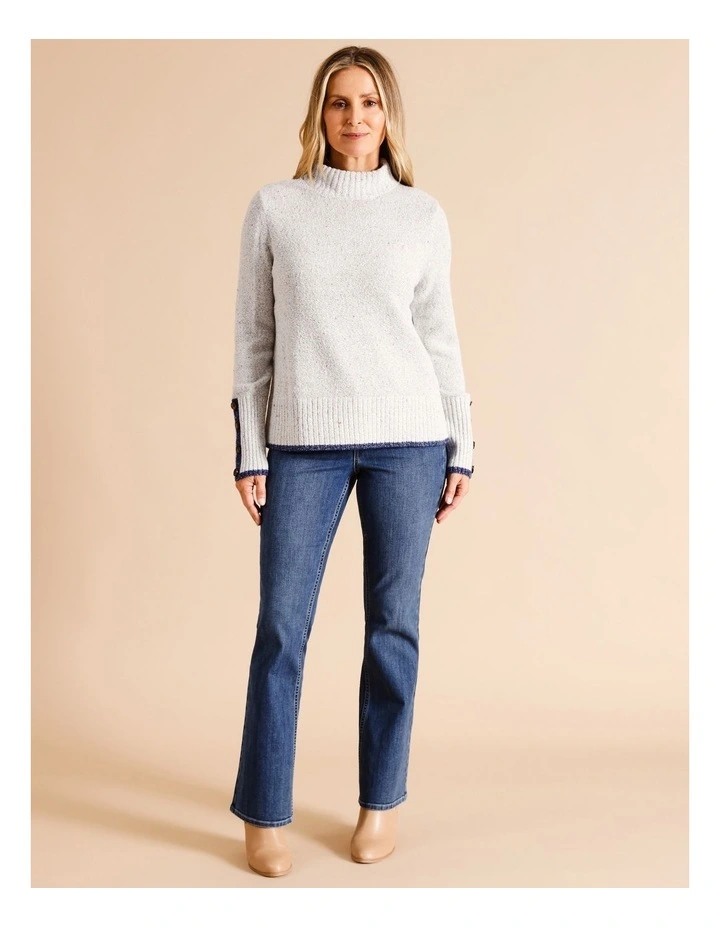 Stand Neck Jumper With Tipping in Light Grey Fleck/Blue