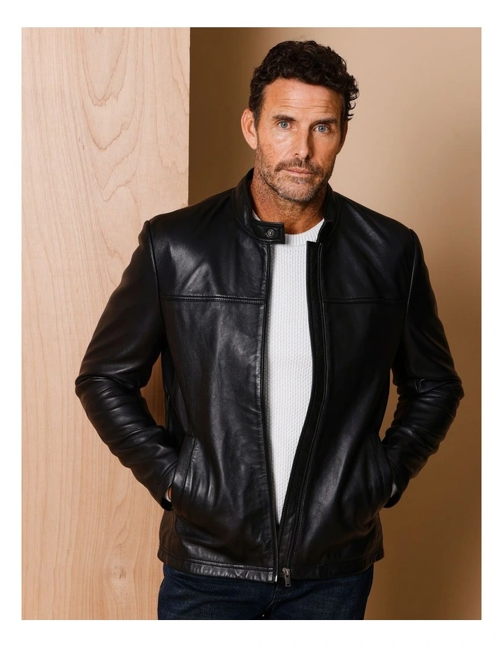 Duke Stand Collar Leather Jacket in Black