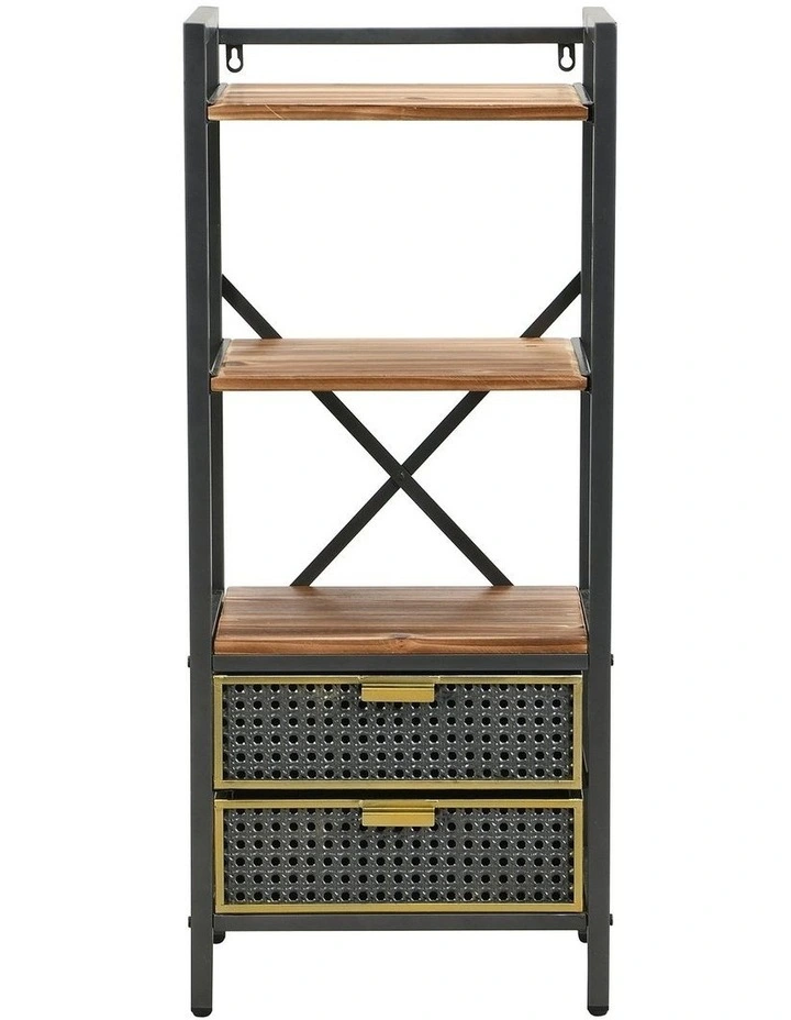Wood and Metal Display Standing Bookshelf 5-Tier 2 Storage Drawers in Grey