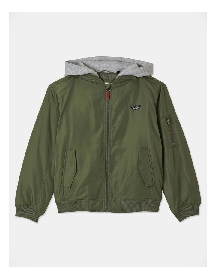 Woven Bomber Jacket With Hood in Khaki