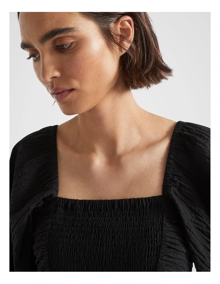Cotton Crinkle Midi Dress in Black