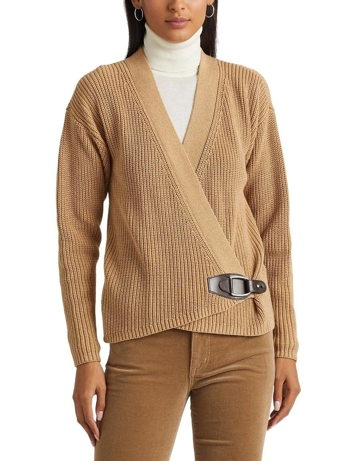 Buckle Trim Cotton Cardigan in Beige