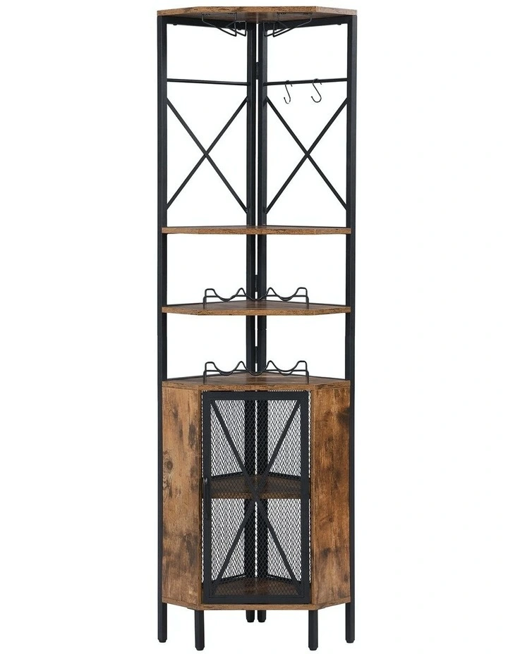 6-Tier Pentagon Corner Shelf with Storage Cabinet in Rustic Dark Brown