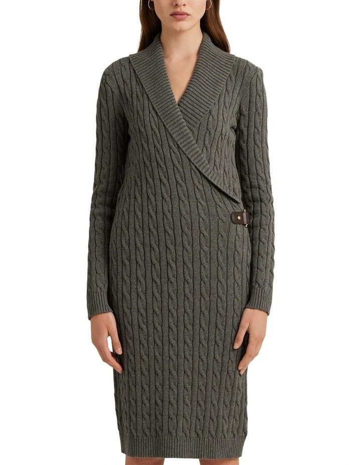 Cable-Knit Buckle-Trim Sweater Dress in Grey