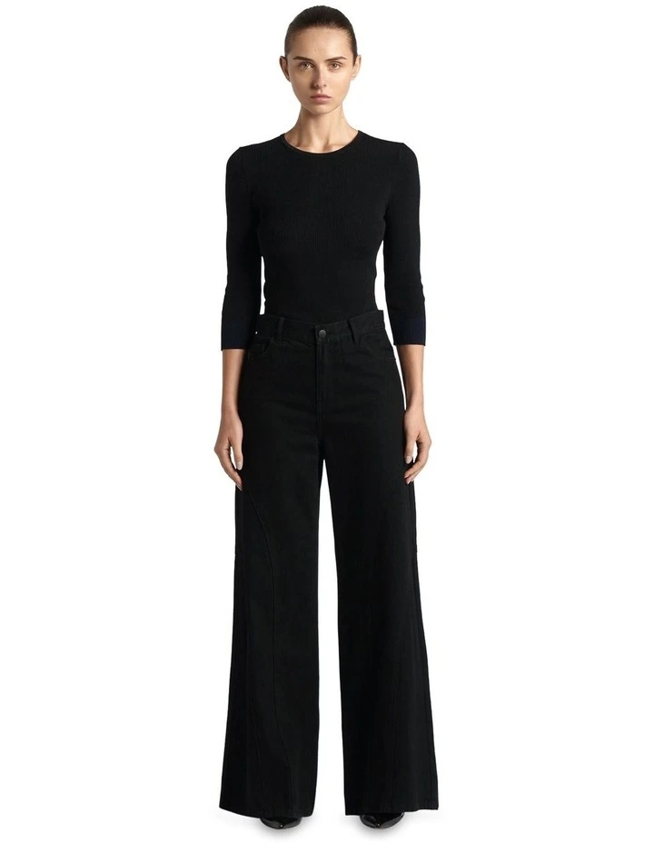 Ribbed Contrast Trim 3/4 Sleeve Knit in Black