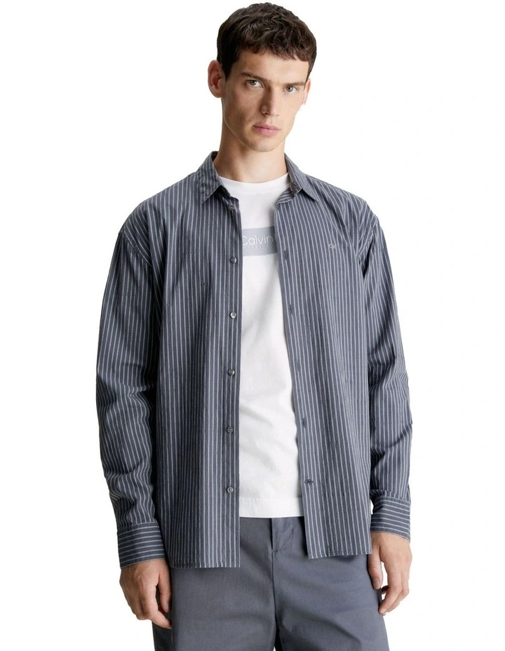 Slub Stripe Stretch Slim Fit Long Sleeve Shirt in Grey