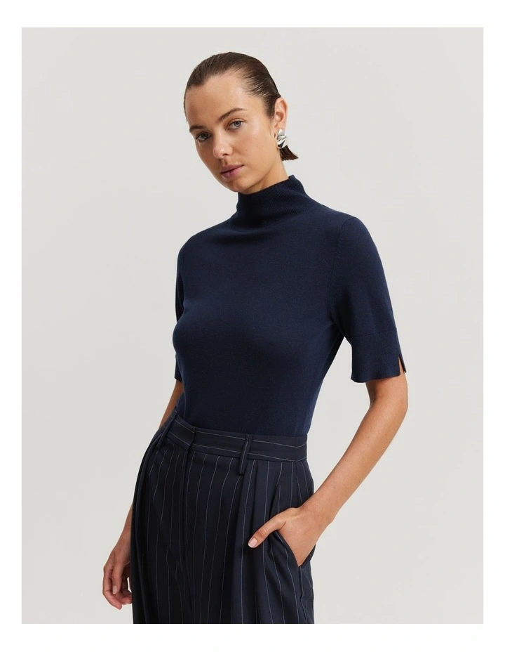 Australian Merino Wool Silk Short Sleeve Knit in Navy
