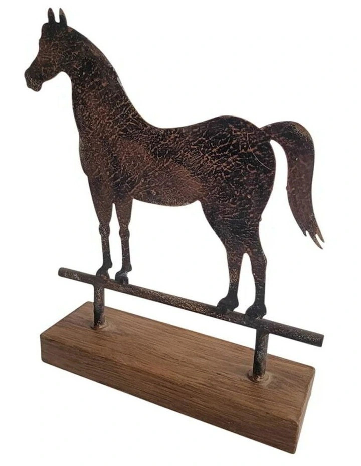 Metal Animal Horse Statue On Base Ornament in Burnt Metal