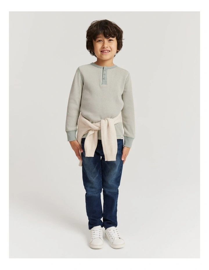 Organically Grown Cotton Stripe Waffle Henley in Fern
