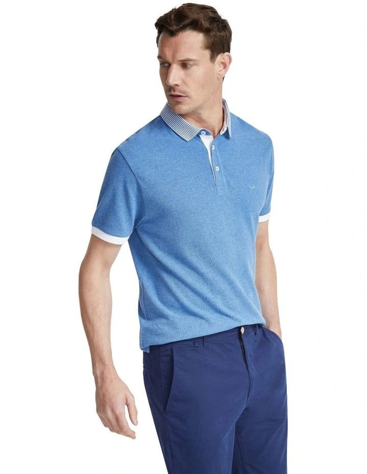 Axell Striped Collar Pique Polo in Blue