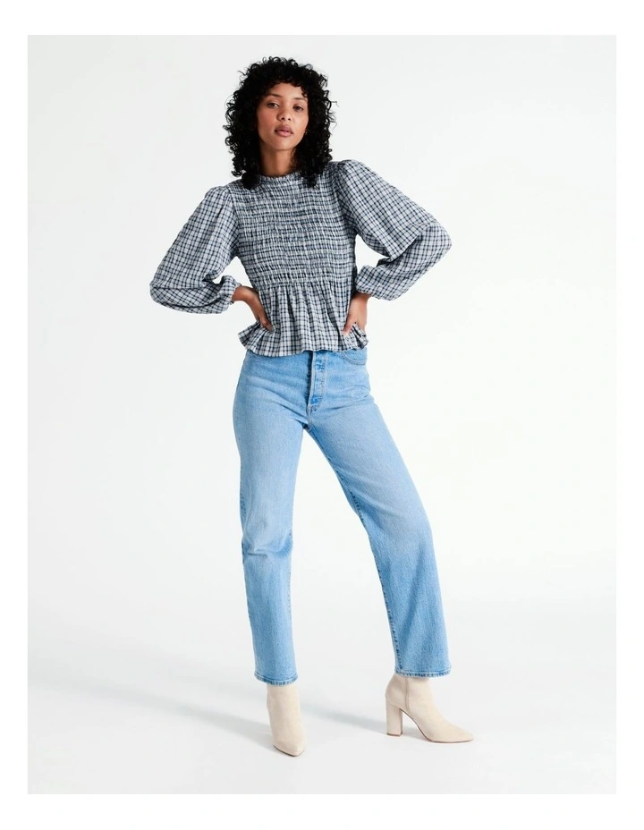 Nomi Long Sleeve High Neck Check Shirt in Blue