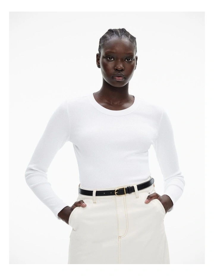 Cotton Long Sleeve Rib Top in Pure White