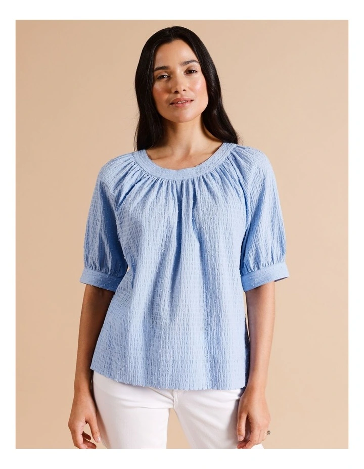 Organic Cotton Puff Short Sleeve Woven Front Tee With Knit Back in Vista Blue