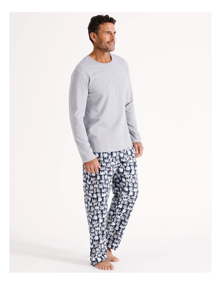 Essentials Long Sleeve Tee & Flannelette Pant PJ Set Bears in Blue/Grey Marle