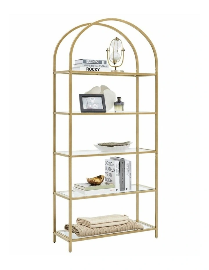 5 Tier Tempered Glass Bookshelf with Metal Frame in Gold