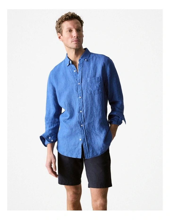 Regular Fit Delave Linen Long Sleeve Shirt in Mineral Blue