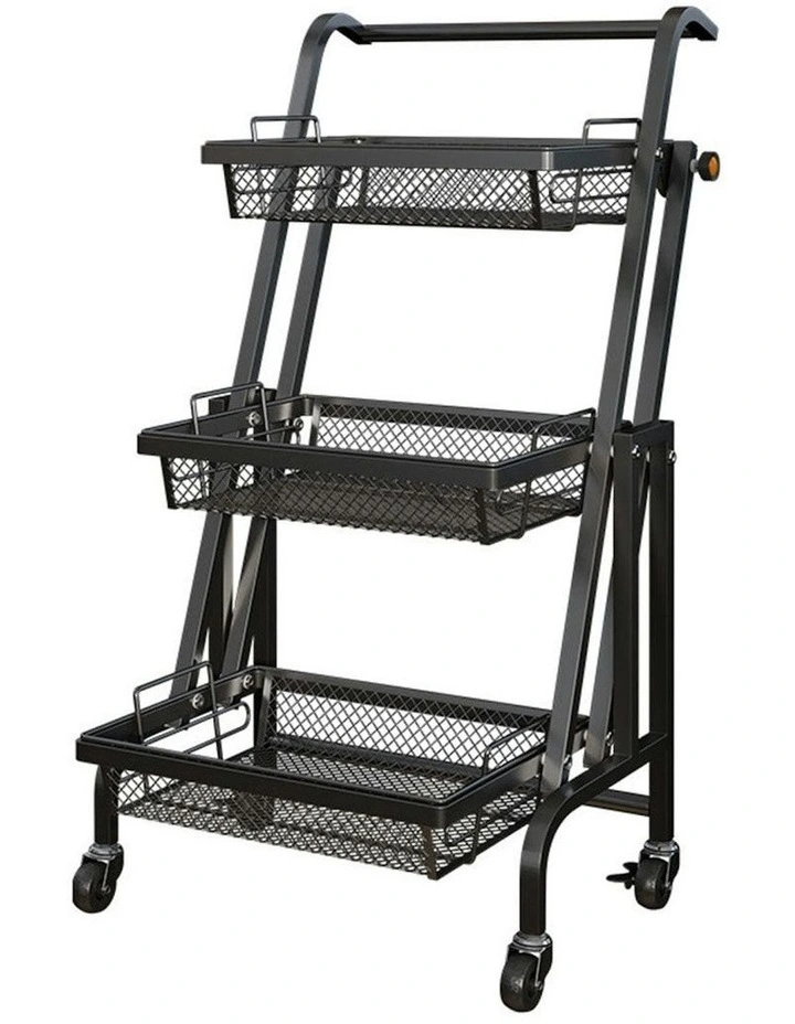 3 Tier Steel Adjustable Kitchen Storage Organizer with Wheels in Black