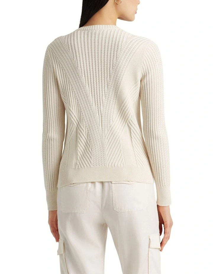 Mixed Knit Cotton Blend V Neck Sweater in Natural