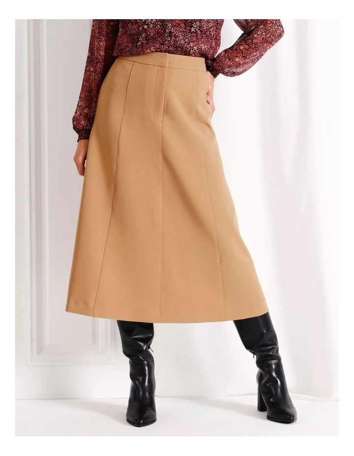 Panelled A-Line Midi Skirt in Camel