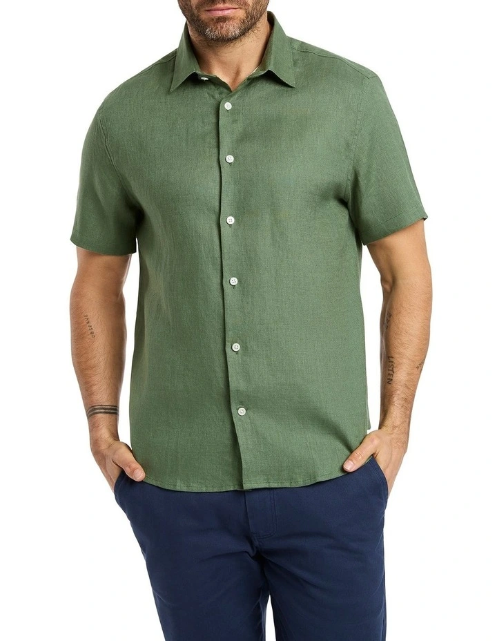Felix Short Sleeve Linen Shirt in Seaweed