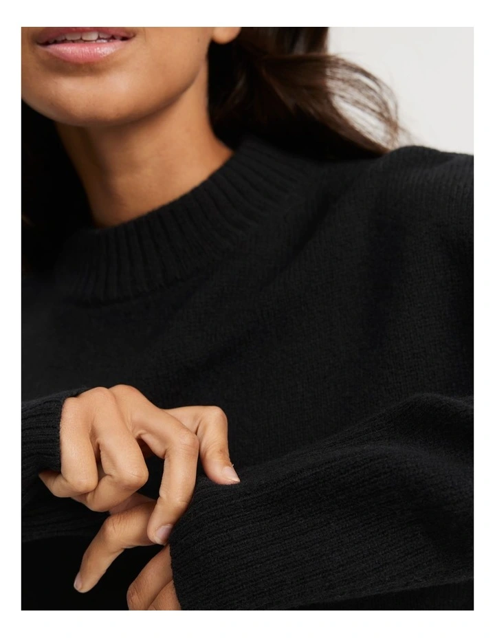 Australian Merino Wool Rib Detail Pullover in Black