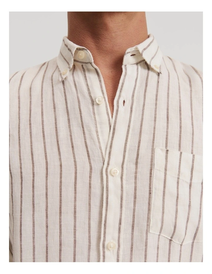 Organically Grown Linen Stripe Shirt in Dark Brown
