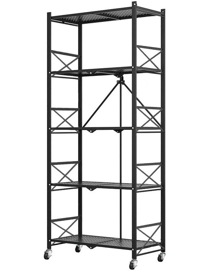 5 Tier Steel Foldable Storage Organizer with Wheels in Black