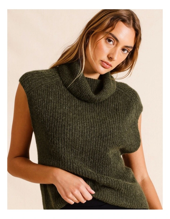 Funnel Neck Extended Shoulder Knit Vest in Khaki