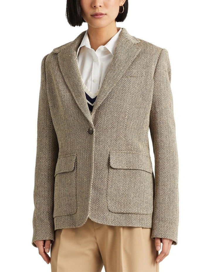 Linen-Blend Herringbone Blazer in Brown