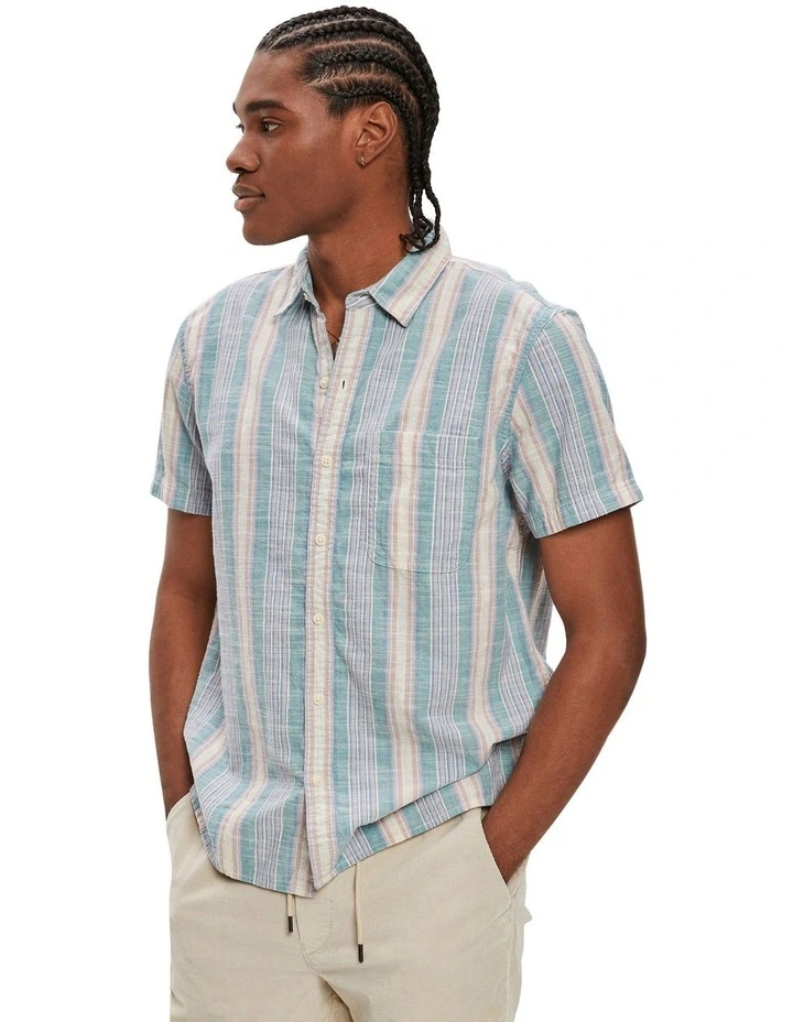 Striped Button-Up Resort Shirt in Cerulean Blue