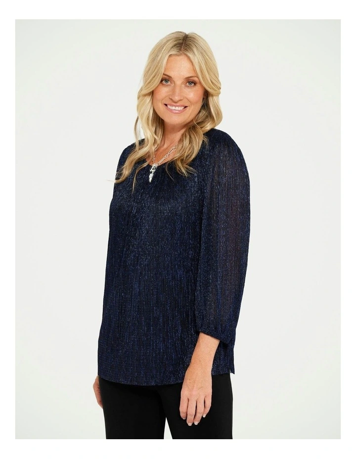 Montemartre 3/4 Sleeves Plisse Blouse in Navy