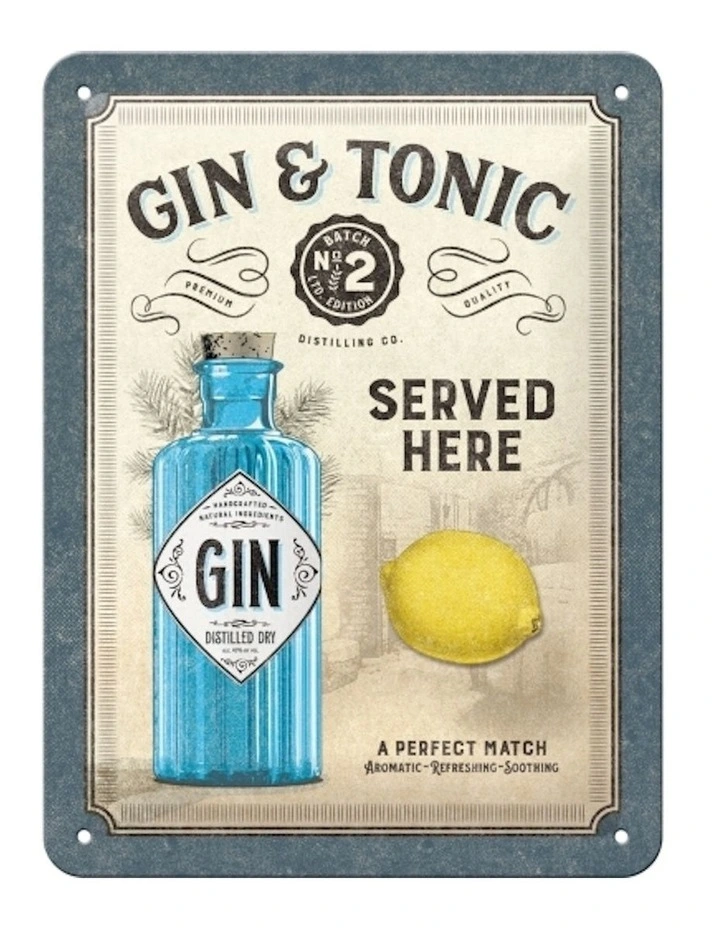 Gin and Tonic Served Here Metal Sign 15x20cm in Blue