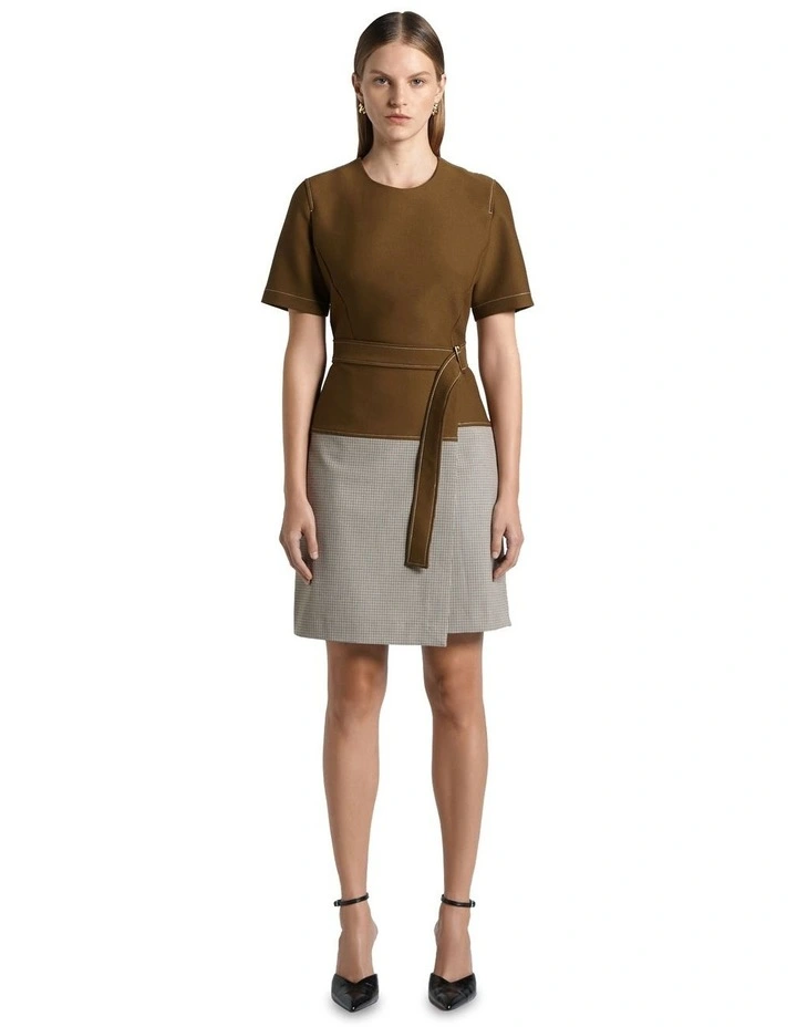 Houndstooth Belted A-Line Mini Dress in Black/Tan