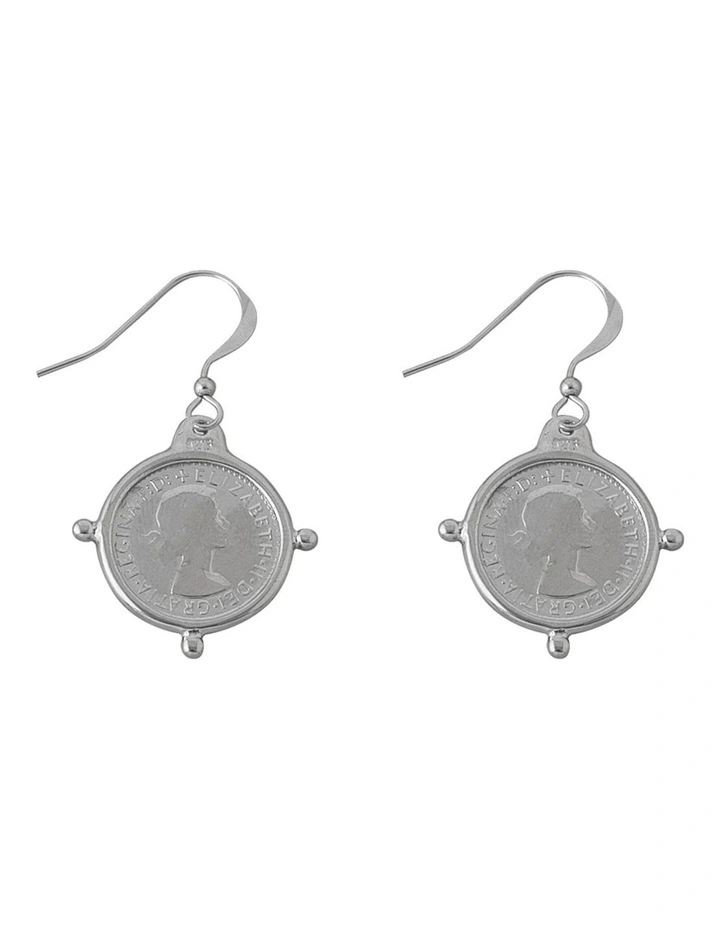 Hook Compass Frame Threepence Silver Drop Earrings