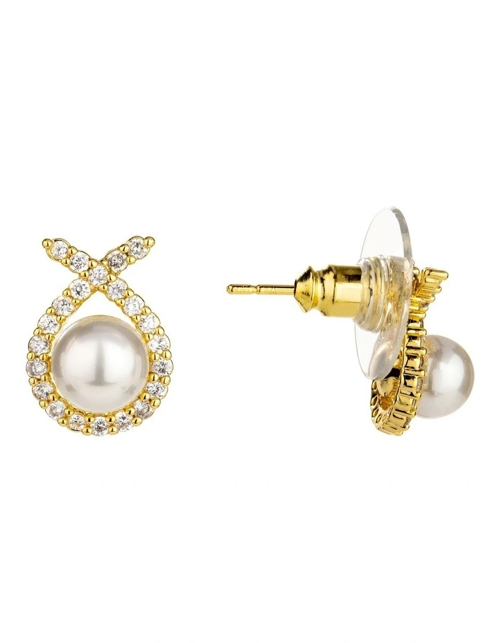 Cz Ribbon With Pearl Studs Earring in Gold