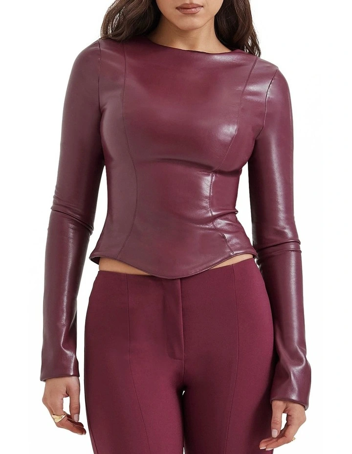 'Mylah' Vegan Leather Top in Wine