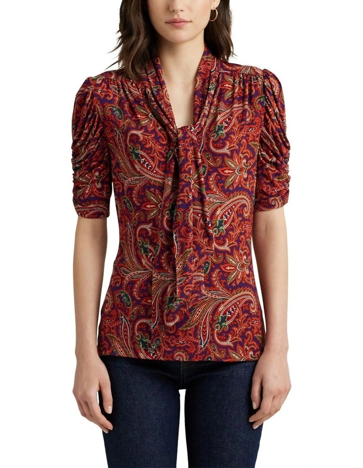 Paisley Jersey Puff-Sleeve Tie-Neck Top in Multi